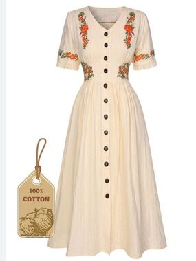 Retro Stage Pure Cotton Beige 1940s V-Neck Floral
Dress new 🆕